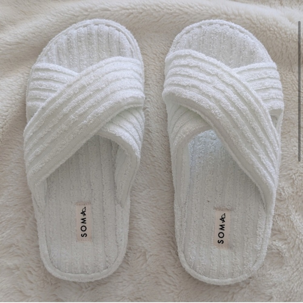 Soma White Cotton Terry Cloth Spa Slippers w/ Hard Sole Size Small 6/7 NWOT
